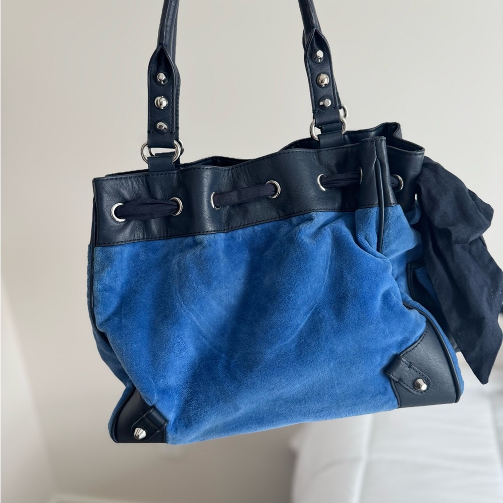 Juicy Couture Blue Suede Shoulder Tote with Heart Charm - Picture 2 of 3
